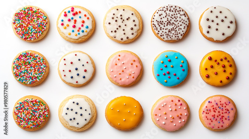 Decorated cookies in vibrant colors, neatly arranged on a white surface for any celebration