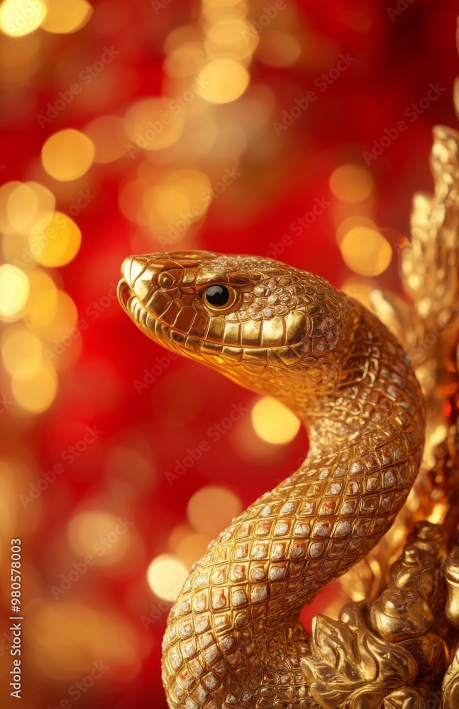 A close-up of an ornate golden snake statue, with a blurred red and gold background A close-up of an ornate golden snake statue, with a blurred red and gold background