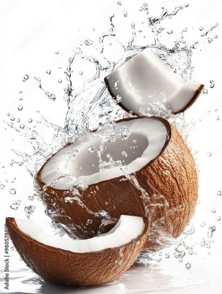 Fresh coconuts splashing in water, showcasing natural textures and vibrant colors, perfect for food and wellness themes. Fresh coconuts splashing in water, showcasing natural textures and vibrant colors, perfect for food and wellness themes.