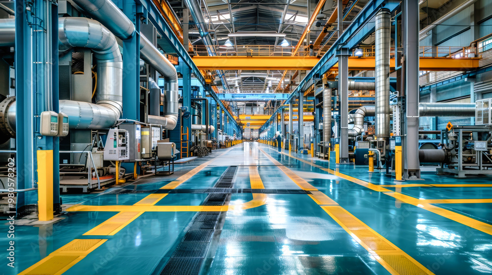 Large metal pipes and industrial machines dominate an expansive factory, with a small room for an intricate air conditioning system nestled in the center Large metal pipes and industrial machines dominate an expansive factory, with a small room for an intricate air conditioning system nestled in the center