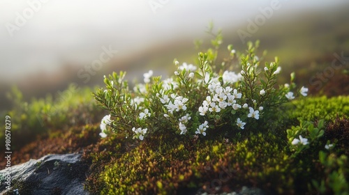 Serene White Flowers in Foggy Landscape