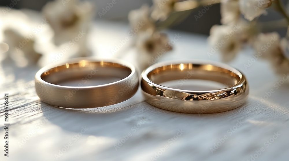 Two gold wedding rings on a wooden surface with flowers. Two gold wedding rings on a wooden surface with flowers.