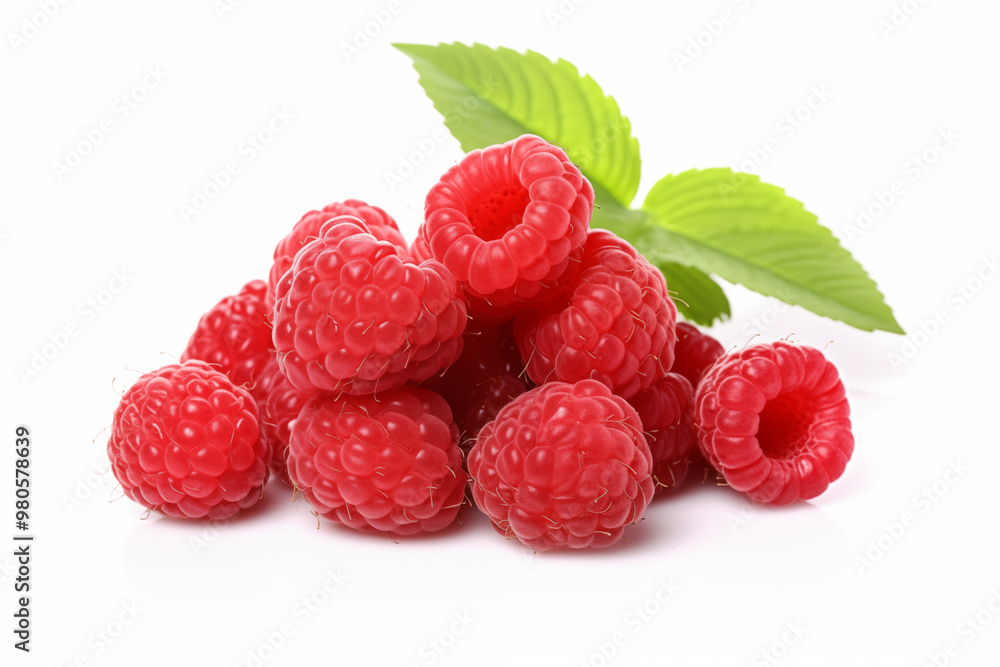 Fresh raspberries with a green leaf on a white background. Fresh raspberries with a green leaf on a white background.