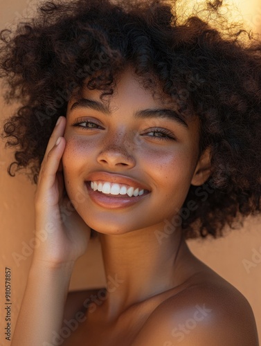 Bright Smiling Woman with Natural Hair, Sunlit