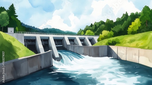 Wallpaper Mural A hydropower dam on a flowing river, surrounded by lush green forest Torontodigital.ca