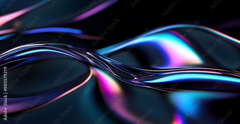 Abstract glass shape on black background. Black glassy background, rainbow gradient lines in the shape, 3D rende Abstract glass shape on black background. Black glassy background, rainbow gradient lines in the shape, 3D rende