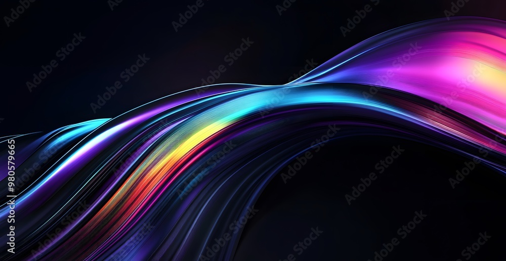 Abstract glass shape on black background. Black glassy background, rainbow gradient lines in the shape, 3D rende Abstract glass shape on black background. Black glassy background, rainbow gradient lines in the shape, 3D rende