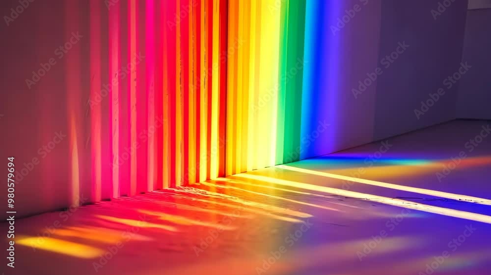 A rainbow is reflected on a wall, creating a colorful and vibrant atmosphere. Concept of joy and wonder, as the rainbow's colors seem to dance and play on the wall. The scene is reminiscent of a happy A rainbow is reflected on a wall, creating a colorful and vibrant atmosphere. Concept of joy and wonder, as the rainbow's colors seem to dance and play on the wall. The scene is reminiscent of a happy