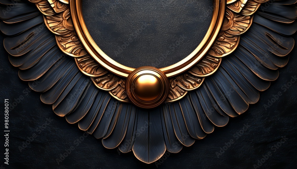 Ornate Gold Frame with Black Feathered Wings on a Dark Background Ornate Gold Frame with Black Feathered Wings on a Dark Background
