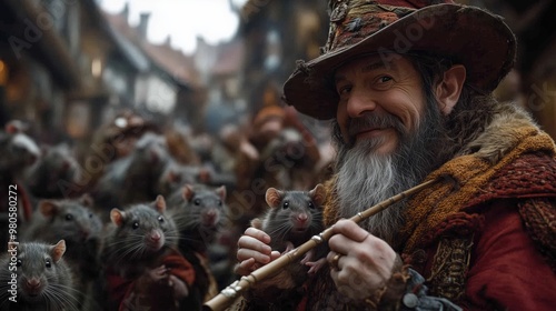 The pied piper of hamelin leading rats through medieval town - fantasy story illustration for fairy tale books