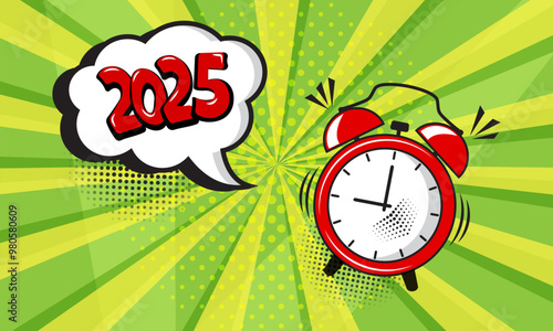 Comic alarm clock New Year 2025, funny wake up icon, countdown speech bubble on green background. Sound effect and halftone dots shadow in pop art style bg. Christmas cartoon card. Vector illustration