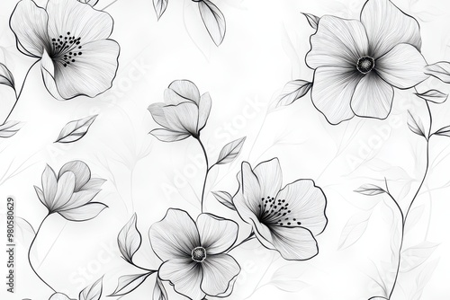 A delicate black-and-white floral pattern featuring various flowers and leaves.