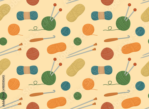 Seamless hand drawn pattern with cute yarn and knitting tools. Colorful handicraft background.	
