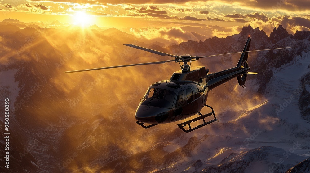 Helicopter Flight at Sunset Over Majestic Mountains Helicopter Flight at Sunset Over Majestic Mountains