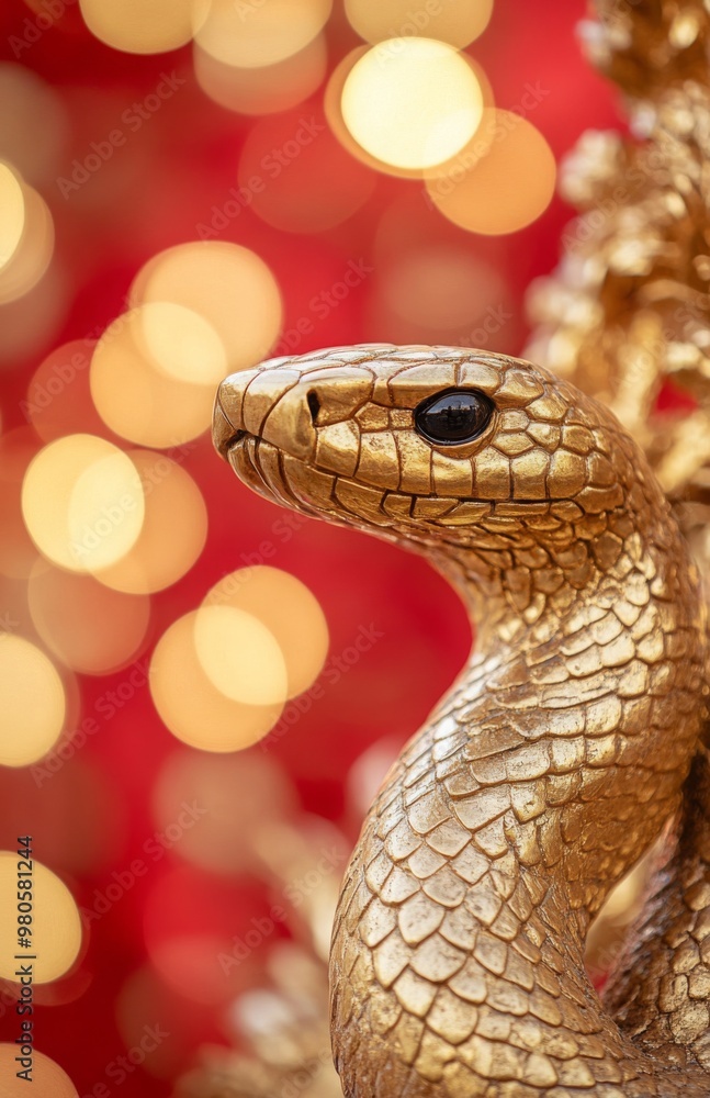 A close-up of an ornate golden snake statue, with a blurred red and gold background A close-up of an ornate golden snake statue, with a blurred red and gold background