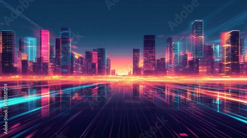 Vibrant Neon Cityscape at Sunset with Reflections