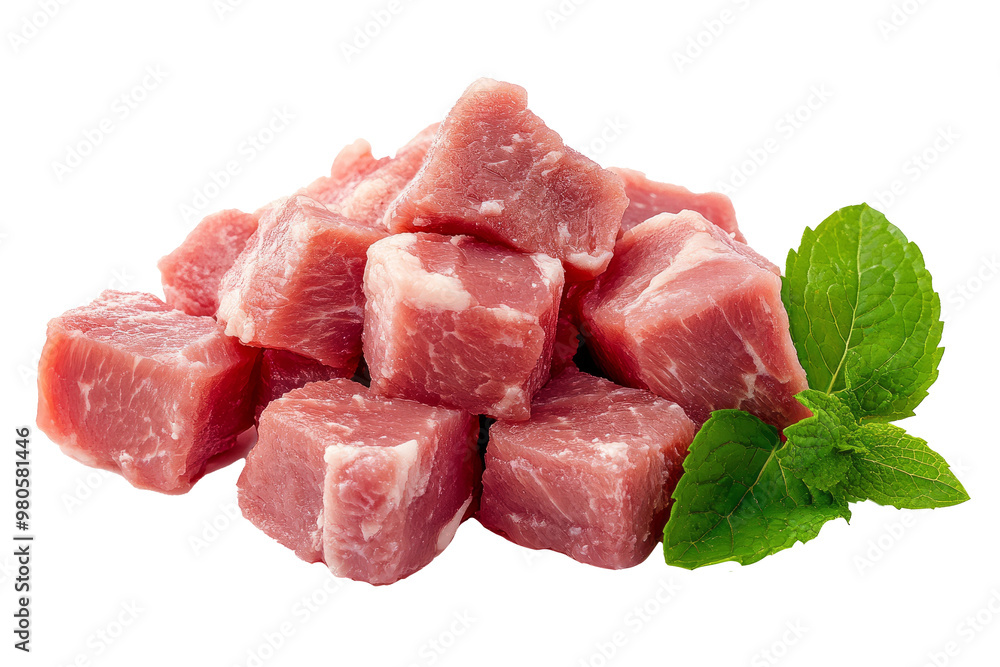 pile of fresh pork cubes isolated on white background. pile of fresh pork cubes isolated on white background.