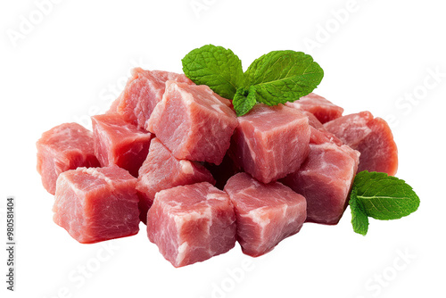 pile of fresh pork cubes isolated on white background.