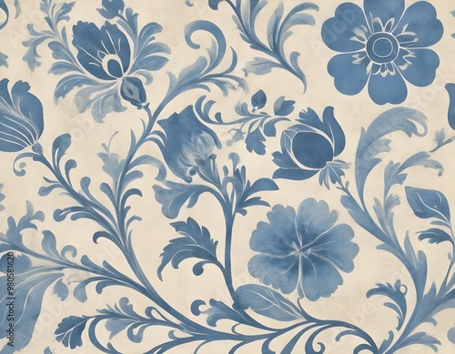 Norwegian Scandinavian rosemaling traditional handpainted folk art in bright blue floral patterns