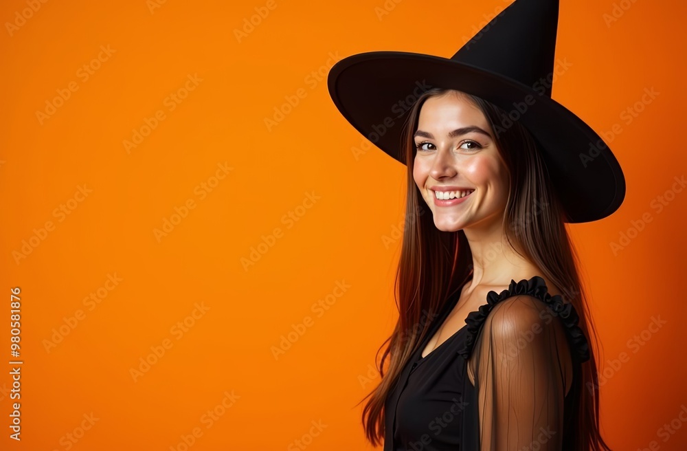 A smiling happy girl in a witch's fancy dress, free place for advertising in the photo with an attractive witch. orange background A smiling happy girl in a witch's fancy dress, free place for advertising in the photo with an attractive witch. orange background