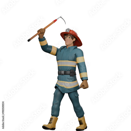 Professional Firefighter in 3D. A firefighter walks with wide strides while holding a fire extinguisher's hook in a pose holding the tool high. Male photo