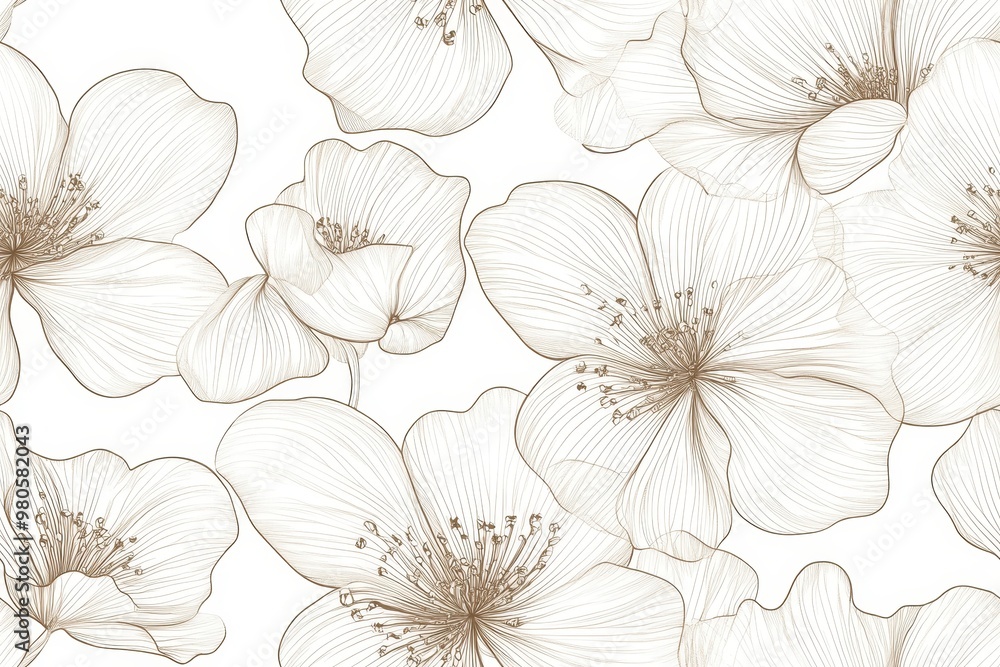 Fototapeta A delicate floral pattern featuring line-drawn flowers in soft, neutral tones.