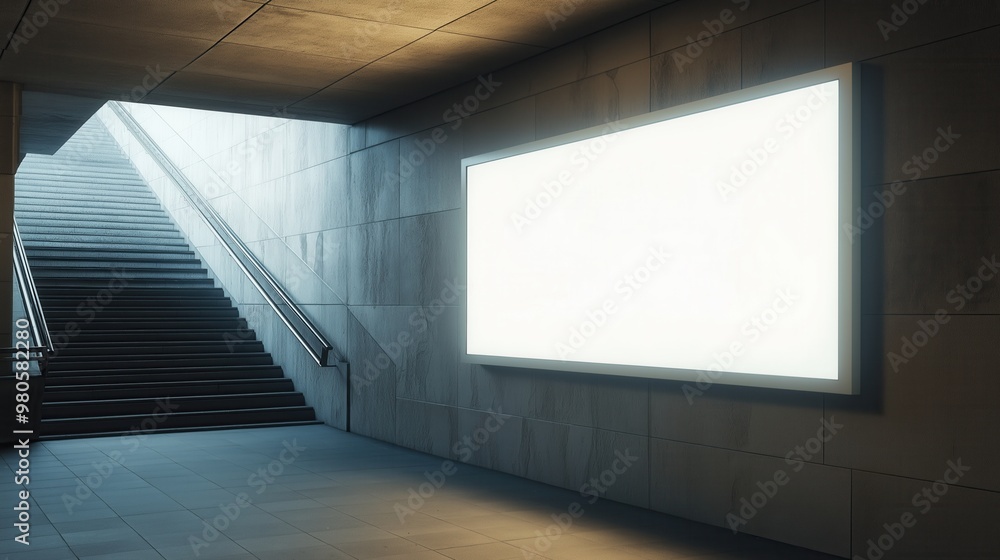 A blank white poster frame on the wall of an underground station, illuminated by natural light from above, creating a stark contrast with its dark surroundings. A blank white poster frame on the wall of an underground station, illuminated by natural light from above, creating a stark contrast with its dark surroundings.