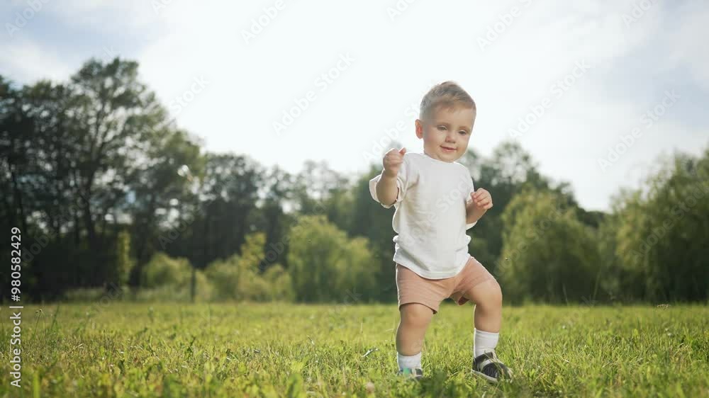 Toddler takes first step at sunset. Happy toddler walking on grass. joyful step in park. Sunset walk as toddler learns to step. Toddler exploring outdoors at sunset. step walk in nature at sunset.