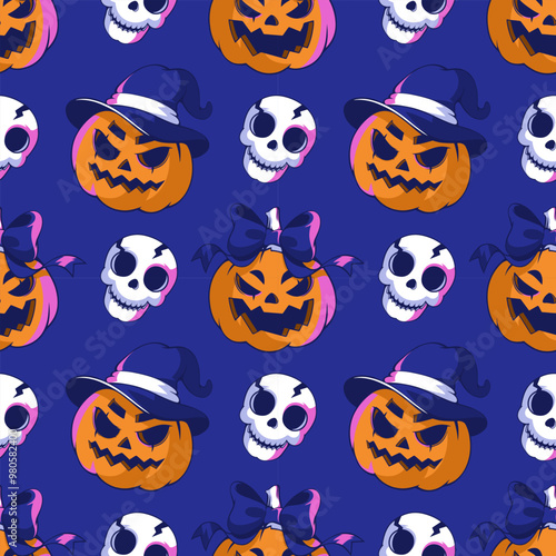 Seamless pattern with cute jack o lantern pumpkins monsters and skulls. Bow on the head and witch hat. Festive background for Halloween. Repeat print for fabric, wrapping paper, textile
