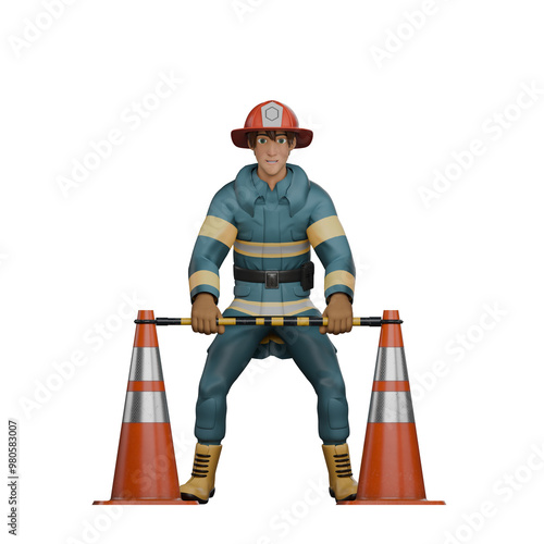 Cartoon Professional Firefighter.  A firefighter stands between traffic cones with both hands holding the police line. 3D Male photo