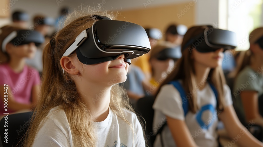 Virtual learning experience: students engaged with vr technology in classroom setting Virtual learning experience: students engaged with vr technology in classroom setting