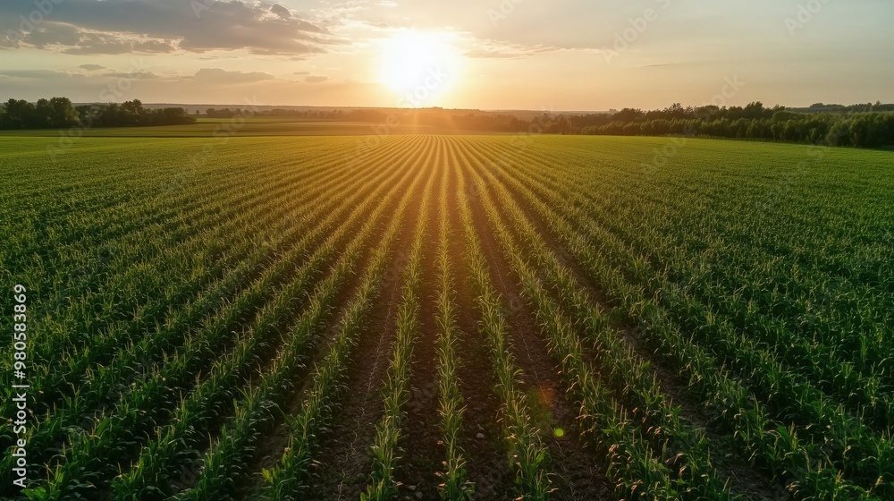 Wide aerial view of sunlit agricultural field at sunset - ideal for print, card, poster uses Wide aerial view of sunlit agricultural field at sunset - ideal for print, card, poster uses
