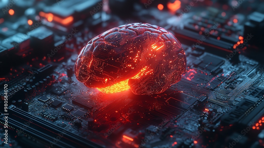 brain connected to the motherboard, abstract future technology concept illustration brain connected to the motherboard, abstract future technology concept illustration