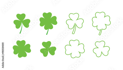 Set of icon Green shamrock, cloverleaf, luck, clover symbols. Good luck with the leaf clover flat icon set isolated on a transparent background.
