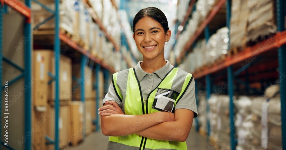 Portrait, woman and confident at warehouse for distribution, logistics industry and package inventory. Female person, arms crossed and inspection for supply chain, freight and transport of production Portrait, woman and confident at warehouse for distribution, logistics industry and package inventory. Female person, arms crossed and inspection for supply chain, freight and transport of production