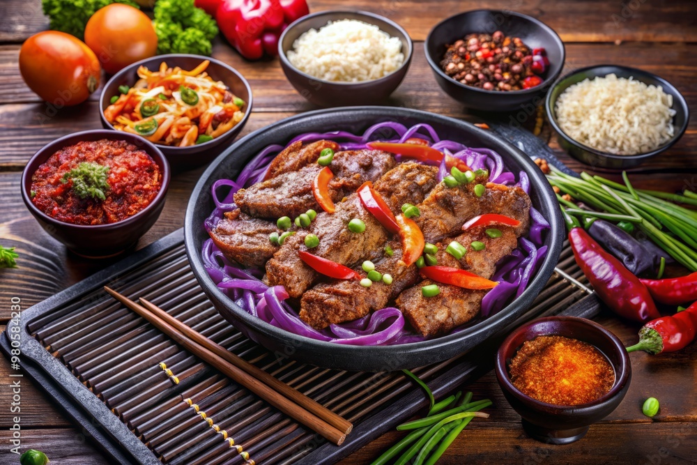 Sizzling meat sizzles on a purple grill pan surrounded by colorful Korean chili flakes, crispy kimchi, and steaming bowls of rice and noodles. Sizzling meat sizzles on a purple grill pan surrounded by colorful Korean chili flakes, crispy kimchi, and steaming bowls of rice and noodles.