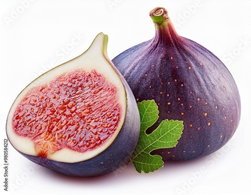 Isolated fig with leaf. Whole fig fruit and slice fig on white background. ai generated photo