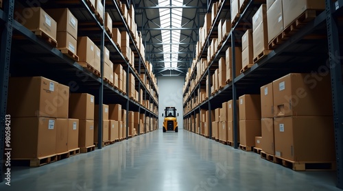 A busy warehouse filled with shelves stacked high with boxes, showcasing an organized storage area for shipping and logistics