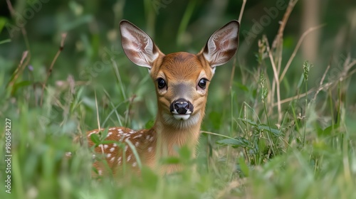 Young wild roe deer in spring grass - nature wildlife photography for posters photo