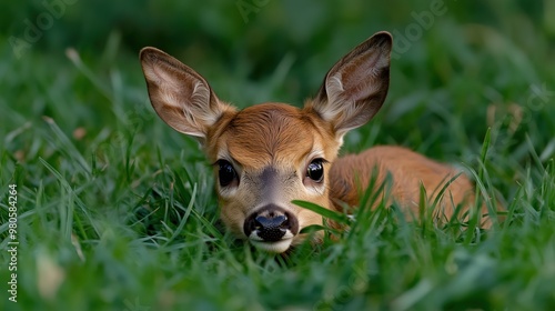 Young wild roe deer resting in lush grass - nature and wildlife photography for posters and prints photo