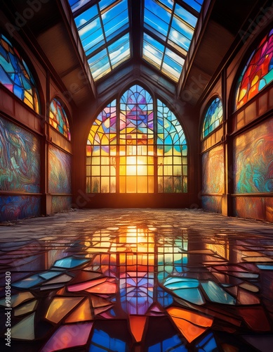 3D rendering of an old church stained glass window with sun rays