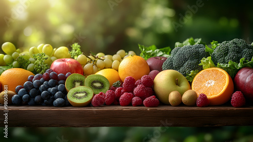 Close-up of vibrant freshfruits and vegetablesarranged in a balancedlayout on a wooden tablesymbolizing healthy gutnutrition and natural
wellness. photo