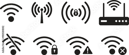 Set of wireless and Wi-Fi or network vector icons. Contains icons such as Connection, Signal, Internet, Wi-Fi, and Router, Vector illustration