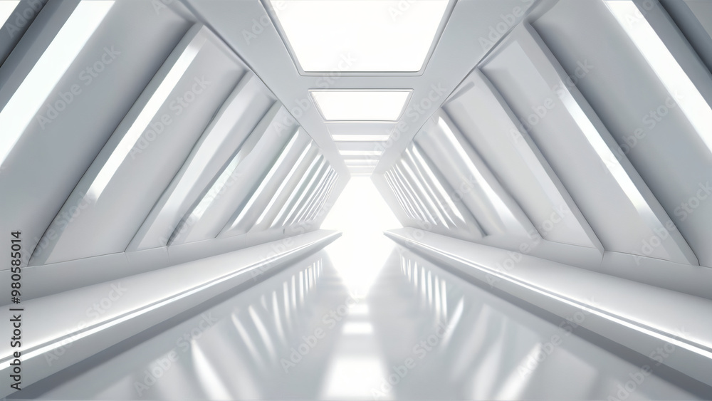Empty Long Light Corridor. Modern white background. Futuristic Sci-Fi Triangle Tunnel. 3D Rendering Empty Long Light Corridor. Modern white background. Futuristic Sci-Fi Triangle Tunnel. 3D Rendering
