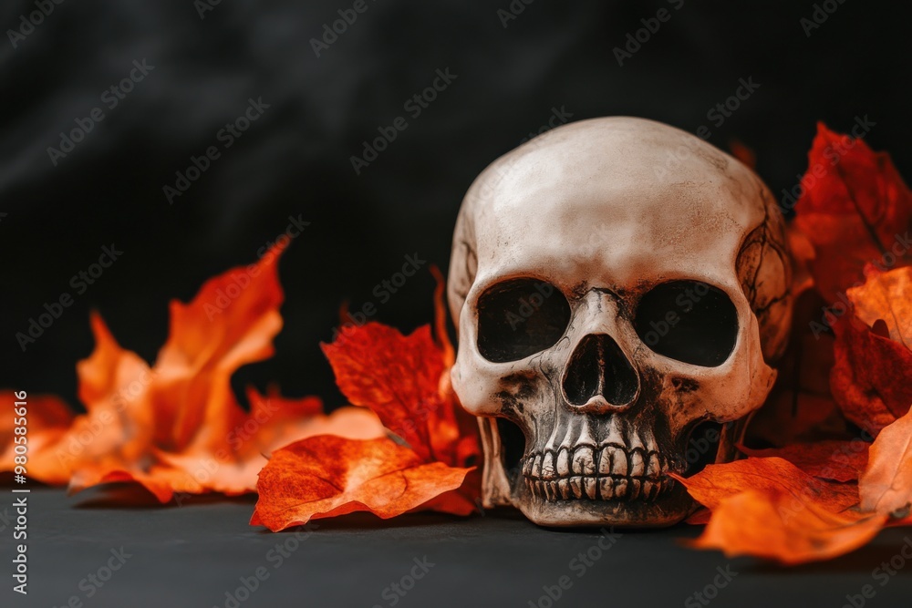 Skull with autumn leaves, pumpkins and candles. Autumn banner. free copy space. Skull with autumn leaves, pumpkins and candles. Autumn banner. free copy space.