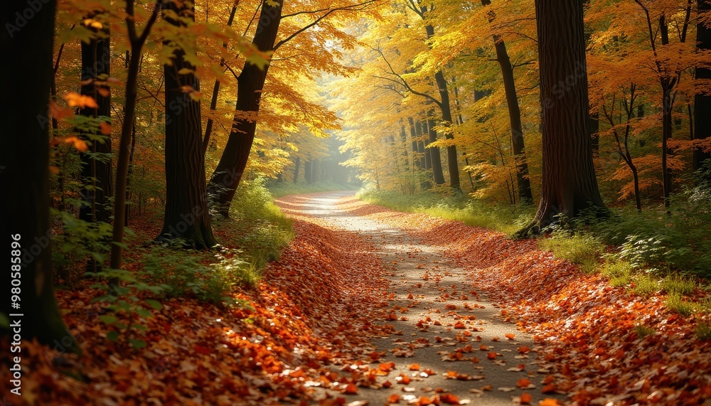Fototapeta premium A Winding Forest Path Covered in a Rich Layer of Fallen Autumn Leaves