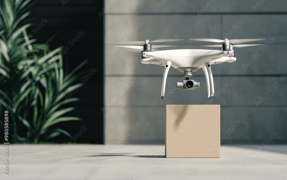 Aerial view of a sleek drone lowering a grocery package onto a modern house porch, technology in urban food delivery, futuristic home services Aerial view of a sleek drone lowering a grocery package onto a modern house porch, technology in urban food delivery, futuristic home services