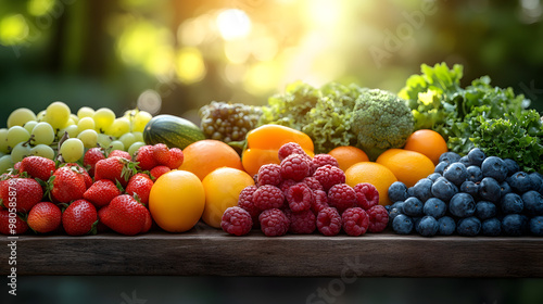 Close-up of vibrant freshfruits and vegetablesarranged in a balancedlayout on a wooden tablesymbolizing healthy gutnutrition and natural
wellness. photo