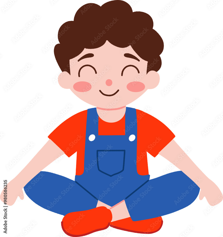 Smiling Boy in Meditation Pose: A happy and relaxed boy with brown curly hair sits in a meditative pose, radiating serenity and inner peace. His closed eyes and serene expression evoke a sense of calm Smiling Boy in Meditation Pose: A happy and relaxed boy with brown curly hair sits in a meditative pose, radiating serenity and inner peace. His closed eyes and serene expression evoke a sense of calm