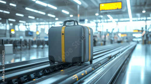 A travel bag placed on an airport conveyor belt, with a clean and modern airport backdrop photo